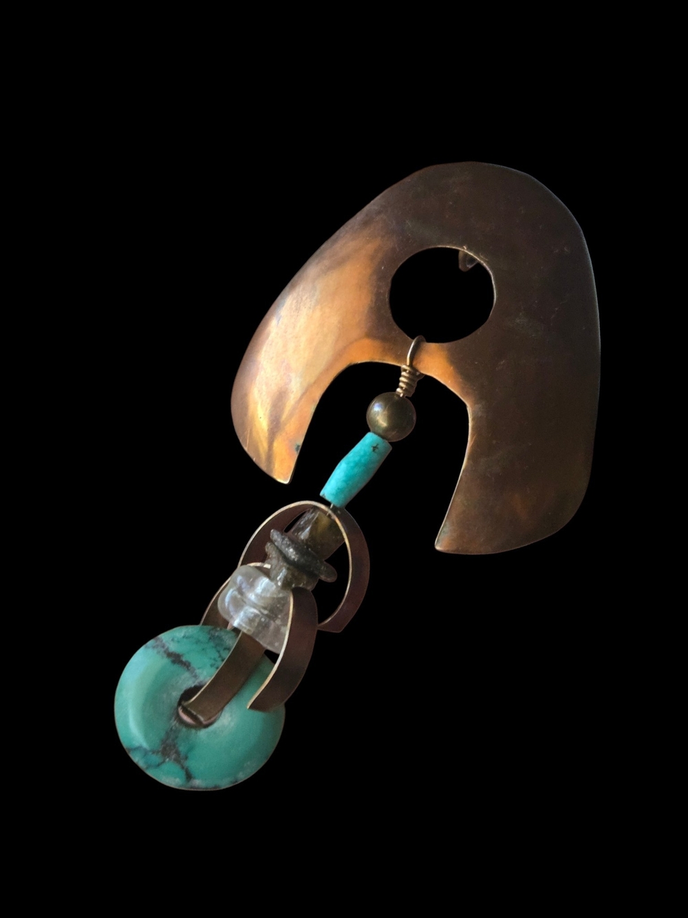 Vintage Handcrafted Studio Art Copper & Turquoise Dangle Pin/Brooch